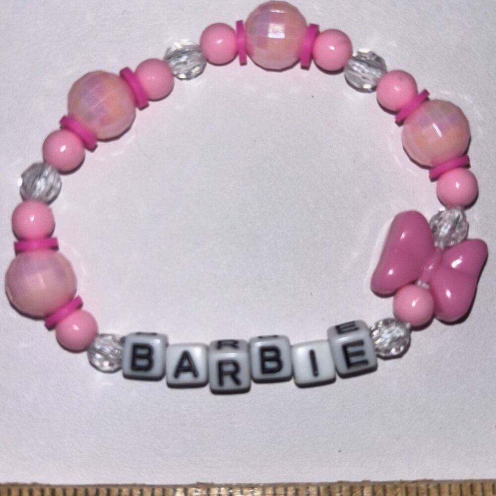 Barbie Beaded Stretch Bracelet Pink Y2K Handcrafted Cute Flower Charm Jewelry